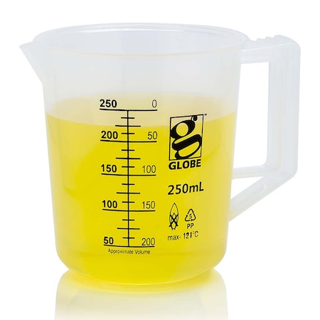 Globe Scientific 250mL Beaker with Handle, Diamond Essentials, Low Form, Printed Graduations, PP 3654-250